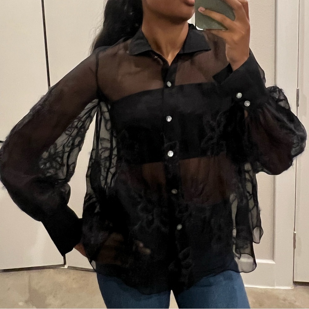 Vintage 90's Sheer Floral Embroidered Grunge Black Puff Sleeve Blouse Size M